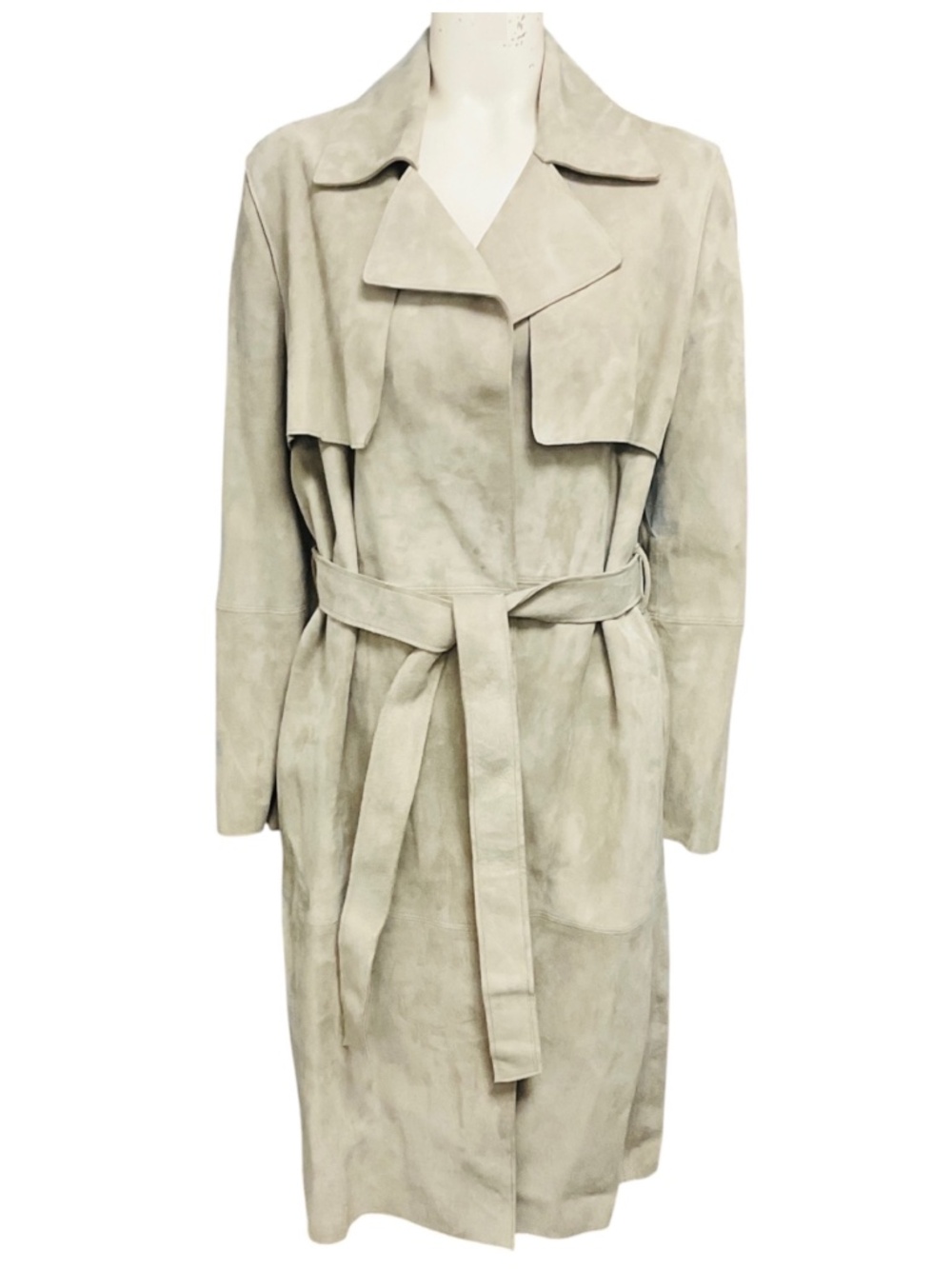 FLEURETTE FAWN MID LENGTH SUEDE LEATHER COAT WITH BELT